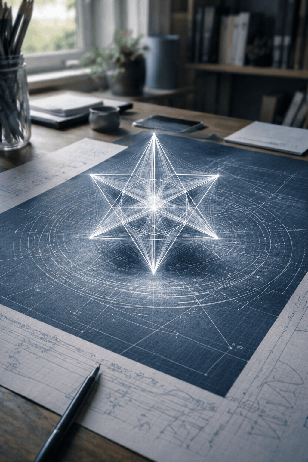 Codex LUX Merkaba als geometrisches Modell eines stabilen Ordnungsraums aus sieben Urzellen mit Zentrum, Bewegung und symmetrischer Ausrichtung