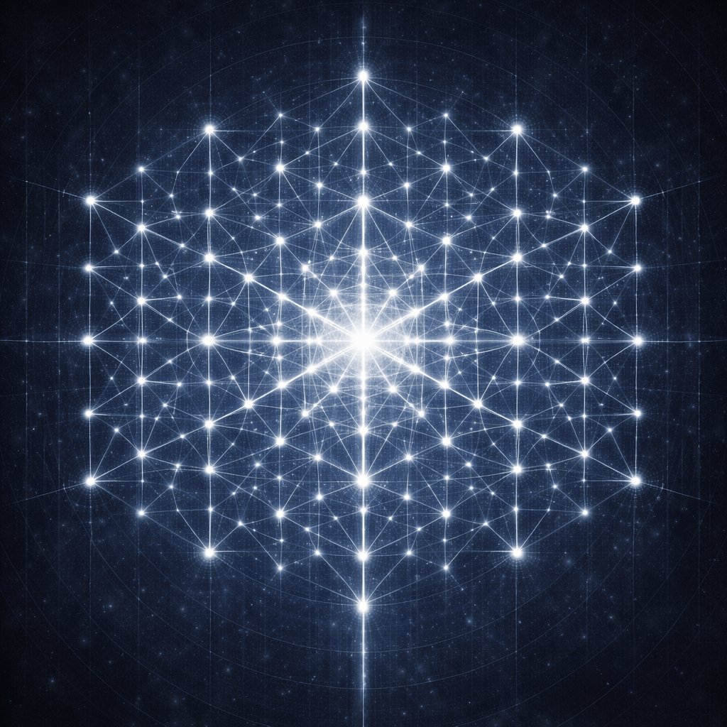 Codex LUX Struktur aus sieben Merkabas mit 49 Urzellen als mehrschichtige Ordnungsarchitektur