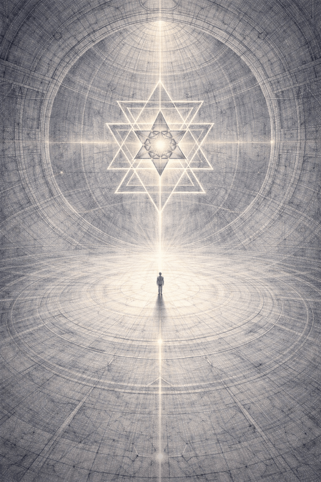 Merkaba Codex LUX – Darstellung eines Menschen im geometrischen Lichtfeld der Merkaba als Symbol für Erkenntnis durch Struktur und Bewusstsein